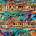 Abstract representation of music notes and instruments in vibrant colors Energetic and dynamic illustration for music-related de