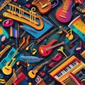 Abstract representation of music notes and instruments in vibrant colors Energetic and dynamic illustration for music-related de