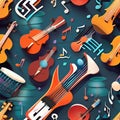 Abstract representation of music notes and instruments in vibrant colors Energetic and dynamic illustration for music-related de