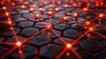 Network of Glowing Red Connections on Dark Hexagonal Grid Background. Royalty Free Stock Photo