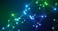 Abstract interconnected network of glowing blue and green nodes and lines on a dark background Royalty Free Stock Photo