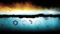 Abstract representation of ocean surface with chemical structures and dark atmospheric elements