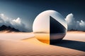 Abstract representation of a reflective glass sphere in a sandy desert with clouds and a barren mountain range on the horizon, Royalty Free Stock Photo