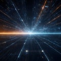 Abstract Representation of Space and Technology with Glowing Stars, Particle Grids, and Beams