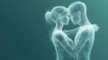 Abstract Representation of Two Figures Embracing, Created from a Network of White Lines Against a Teal Background