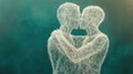 Abstract Representation of Two Figures Embracing, Created from a Network of White Lines Against a Teal Background