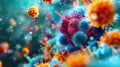 An abstract representation of various viruses and microorganisms in vibrant