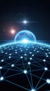 Global digital network connecting glowing nodes across a luminous planet surface Royalty Free Stock Photo