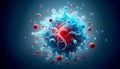 Abstract representation of a vibrant biological cell or virus with red and blue elements Royalty Free Stock Photo