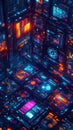 Abstract representation of web design concept. Graphical tools, coding elements shown. Colorful digital screens layered. Modern
