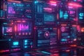 Abstract representation of web design concept. Multiple glowing screens show various coding elements graphs data visualization, Royalty Free Stock Photo