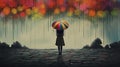 Abstract image of woman standing in the rain with rainbow umbrella Royalty Free Stock Photo