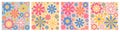 Abstract retro aesthetic backgrounds set with groovy daisy flowers. Vintage floral mid century art prints. Hippie 60s, 70s, 80s