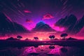 Abstract retro futuristic neon landscape in synthwave style. Glowing surface strange neon clouds. Generative ai ilustration