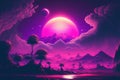 Abstract retro futuristic neon landscape in synthwave style. Glowing surface strange neon clouds. Generative ai ilustration