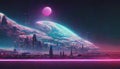 Abstract Retro futuristic sci-fi synthwave landscape in space with stars.