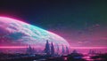 Abstract Retro futuristic sci-fi synthwave landscape in space with stars.