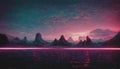 Abstract Retro futuristic synthwave landscape. Rose glow