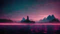 Abstract Retro futuristic synthwave landscape. Rose glow