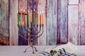 abstract retro of jewish holiday Hanukkah with menorah traditional defocused lights