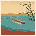 Abstract retro landscape poster. Stylized boat in lake with dry tree trunks, mountains on the horizon with noises