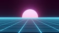 Abstract retro perspective grid. Futuristic polygonal background in the style of the 80s and 90s. Detailed wireframe landscape
