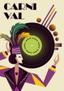 Abstract retro poster with carnival queen. Masquerade card with costumed character. Royalty Free Stock Photo