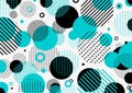 Abstract retro 80s-90s pattern blue and black geometric circles, line, dot on white background