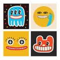 Abstract retro stickers. Cartoon 30s 40s 50s clip art character with funny faces.Vector psychedelic square banners set