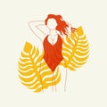 Abstract risograph girl. Cute curvy lady in swimsuit riso print style. Vector floral illustration for poster, t-shirt