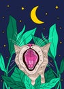 Abstract roaring cat poster. Grey cat face with plants cartoon style, modern hand drawn flat art print, cute character
