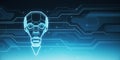 Abstract robot head in the shape of light bulb on blue backdrop with lines. Artificial intelligence and chat gpt concept. 3D Royalty Free Stock Photo