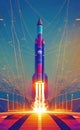 Abstract rocket takes off from a network of neural networks and the Internet, Launch and efficiency concept, advanced technology Royalty Free Stock Photo