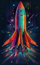 Abstract rocket takes off from a network of neural networks and the Internet, Launch and efficiency concept, advanced technology Royalty Free Stock Photo