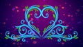 Abstract Romantic Color Curly Heart Vine Flourish Swirls And Leaves With Shine Glow Sparkle Heart Particles