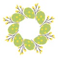 Abstract round frame border of painted Easter Eggs and flowering twigs. Copy space. Easter greetings Royalty Free Stock Photo