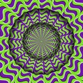 Abstract round frame with a moving green purple wavy quadrangles pattern. Optical illusion hypnotic background