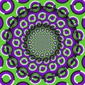 Abstract round frame with a moving purple green rings pattern. Optical illusion hypnotic background