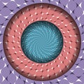 Abstract round frame with moving purple, red and blue patterned surfaces. Optical illusion dizzy background