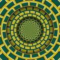 Abstract round frame with a moving yellow green brickwork pattern. Optical illusion hypnotic background