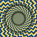 Abstract round frame with a rotating blue yellow zigzag stripes pattern. Optical illusion hypnotic background