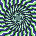 Abstract round frame with a rotating green blue stripes pattern. Optical illusion hypnotic background