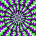 Abstract round frame with a rotating green purple zigzag pattern. Optical illusion hypnotic background