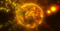 Abstract round yellow orange sphere light bright glowing from energy rays