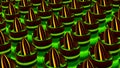 Abstract rows of 3D unusual tubes with an oval shaped figures inside each of them. Motion. Colorful stripes moving on