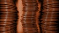 Abstract rows of red round discs slowly moving like snakes. Design. 3D columns of flat round discs.