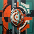 Futurist Abstract Painting With Spherical Sculptures In Dark Turquoise And Red