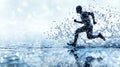 Abstract Runner Disintegrating into Blue Pixels, Water Reflection