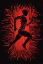 Abstract running man form lines and triangles, point connecting network on red background. Royalty Free Stock Photo