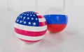 Abstract Russia flag and USA flag on shiny billard balls 3d render illustration